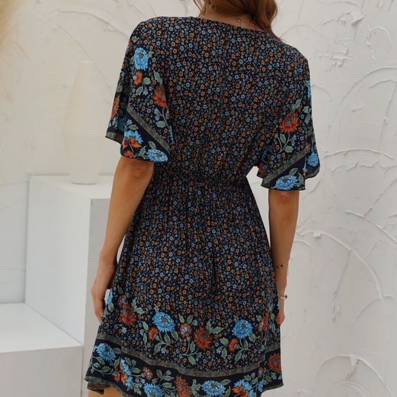 Boho Floral  V neck Waist Tie Ruffle Mini Dress - Picture 3 of 4